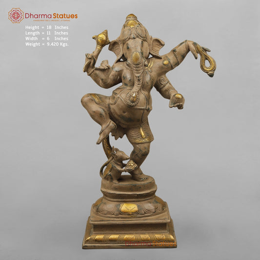 Brass Ganesh Dancing with Rat, Antique finish 18”