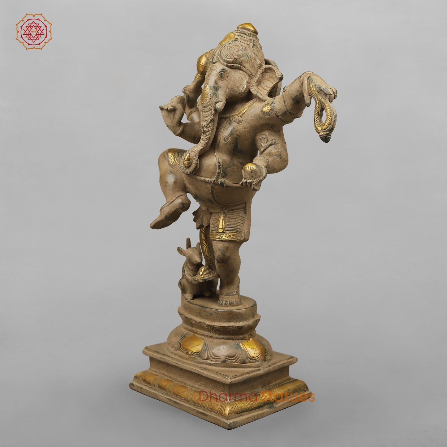 Brass Ganesh Dancing with Rat, Antique finish 18”