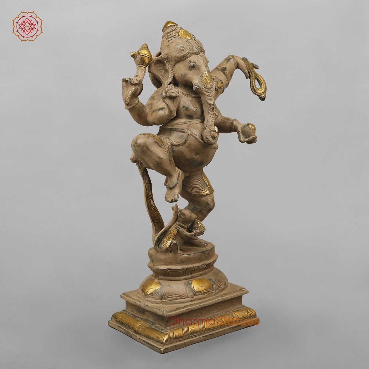 Brass Ganesh Dancing with Rat, Antique finish 18”