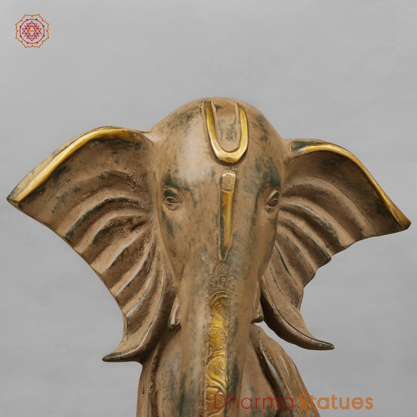Brass Modern Ganesh seared With Long Ears, Green Patina Sand Finish 15”