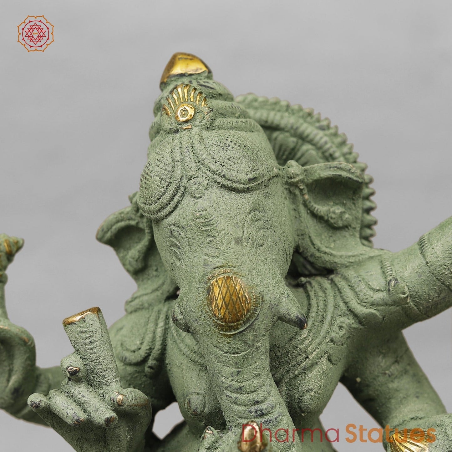 Brass Dancing Ganesh, Green Patina Antique Finish 12.5”