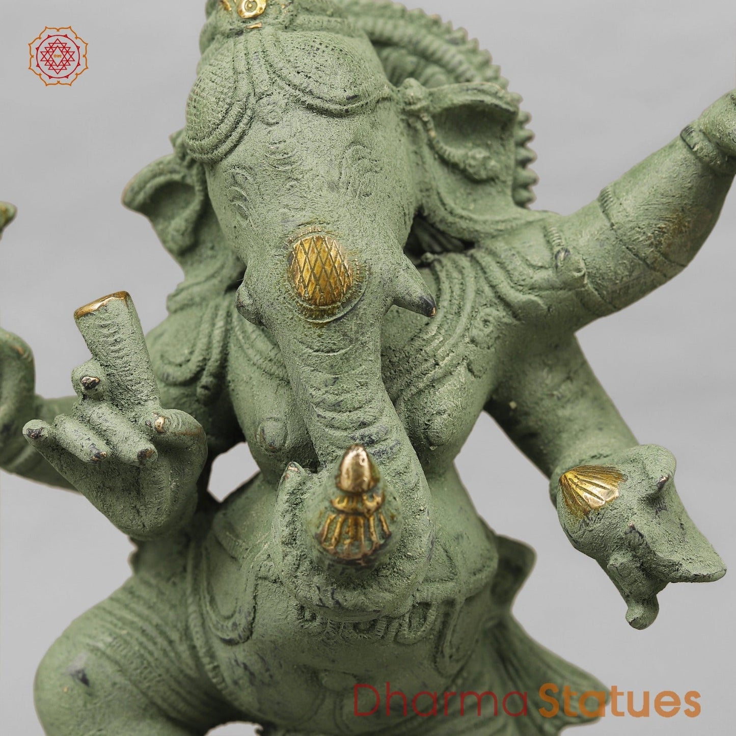 Brass Dancing Ganesh, Green Patina Antique Finish 12.5”