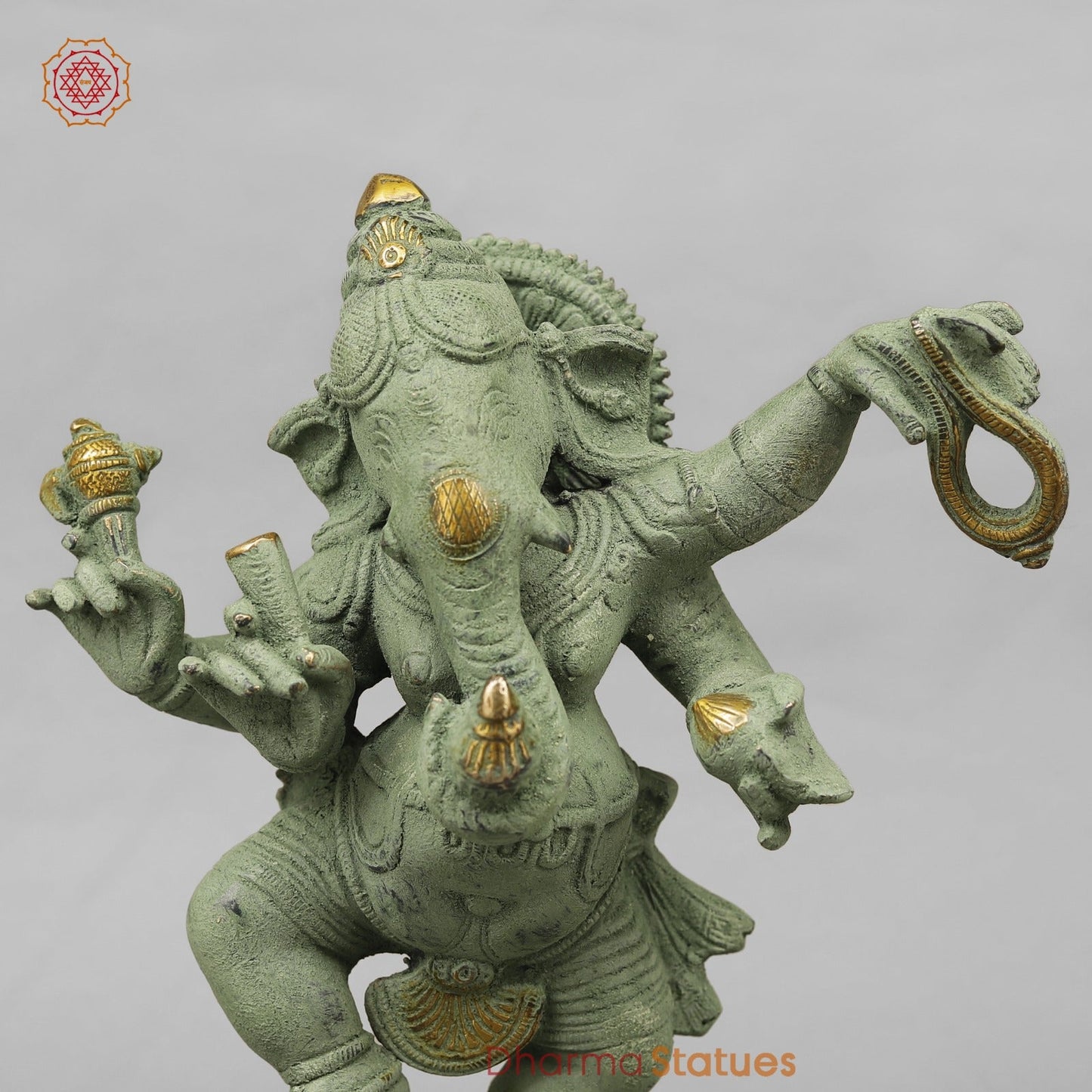 Brass Dancing Ganesh, Green Patina Antique Finish 12.5”