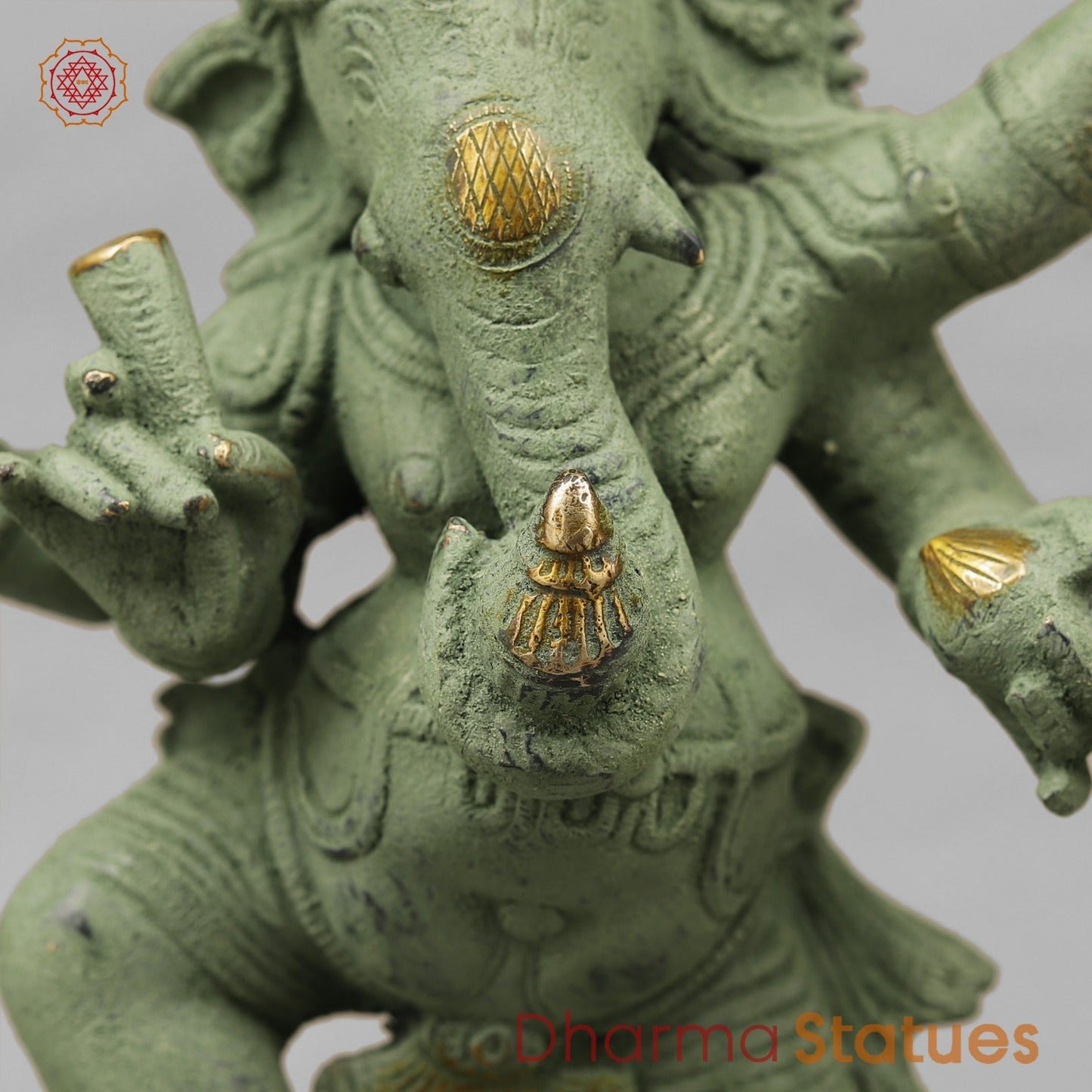 Brass Dancing Ganesh, Green Patina Antique Finish 12.5”