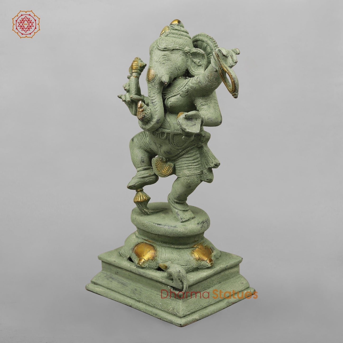Brass Dancing Ganesh, Green Patina Antique Finish 12.5”
