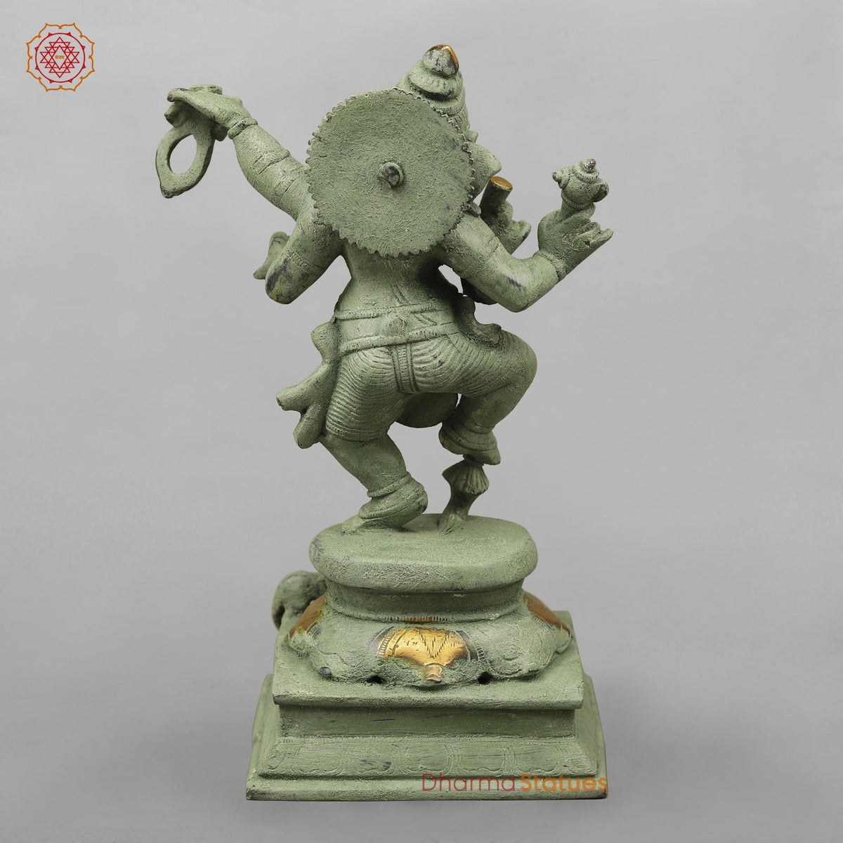 Brass Dancing Ganesh, Green Patina Antique Finish 12.5”