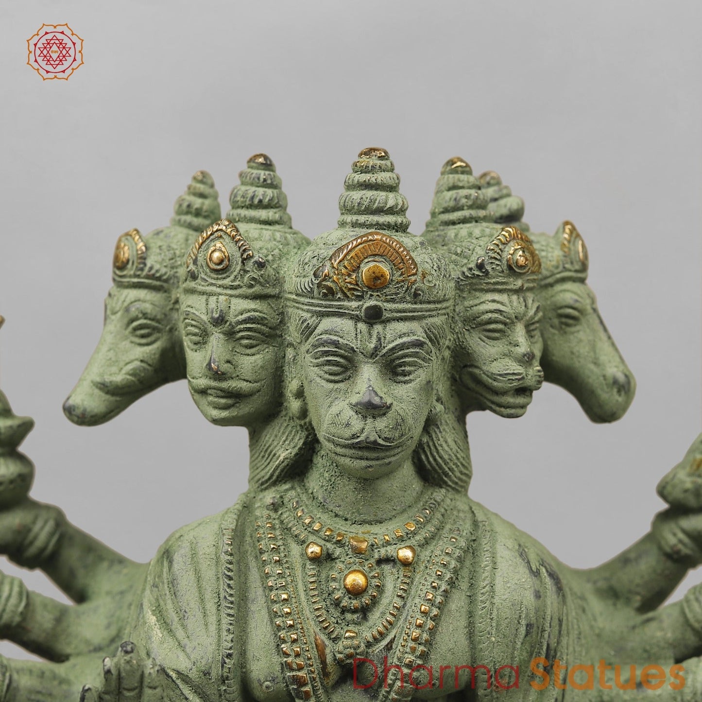 Brass Panchmukhi Hanuman Standing, Green Patina Antique Finish 13.5”