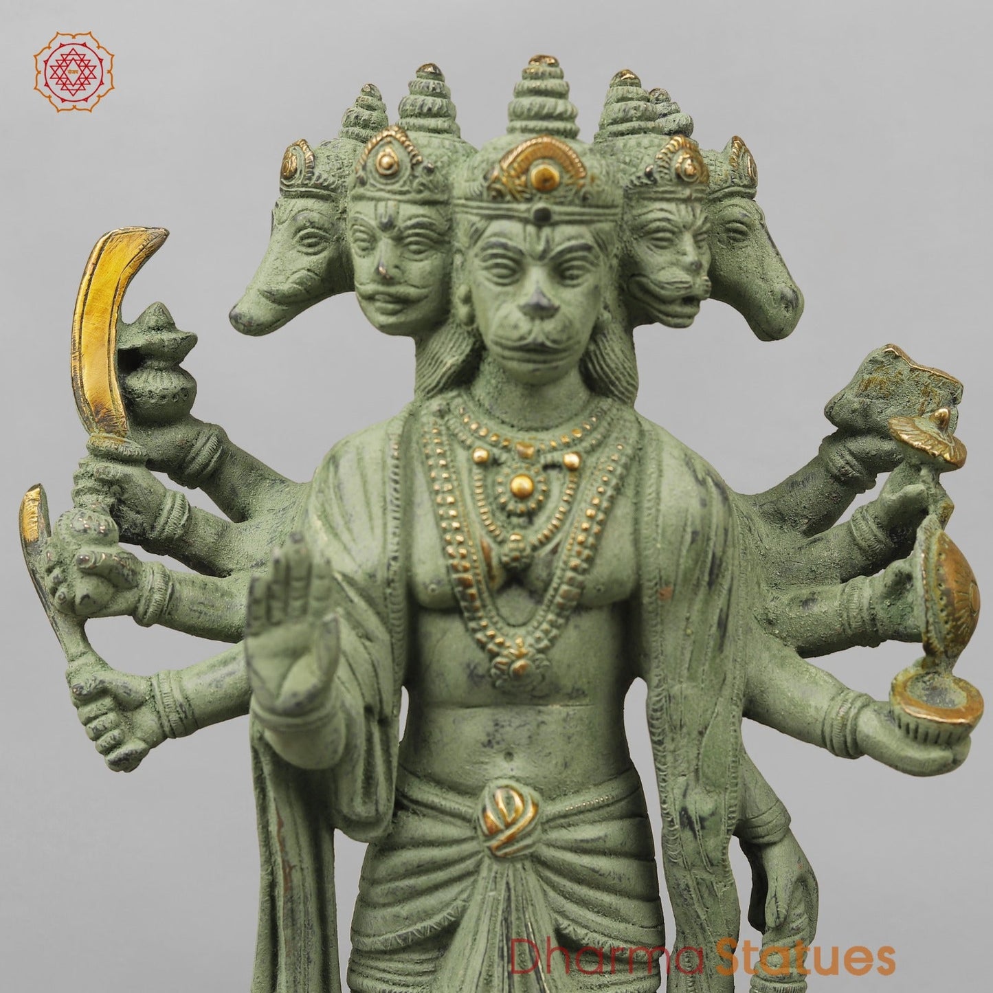 Brass Panchmukhi Hanuman Standing, Green Patina Antique Finish 13.5”