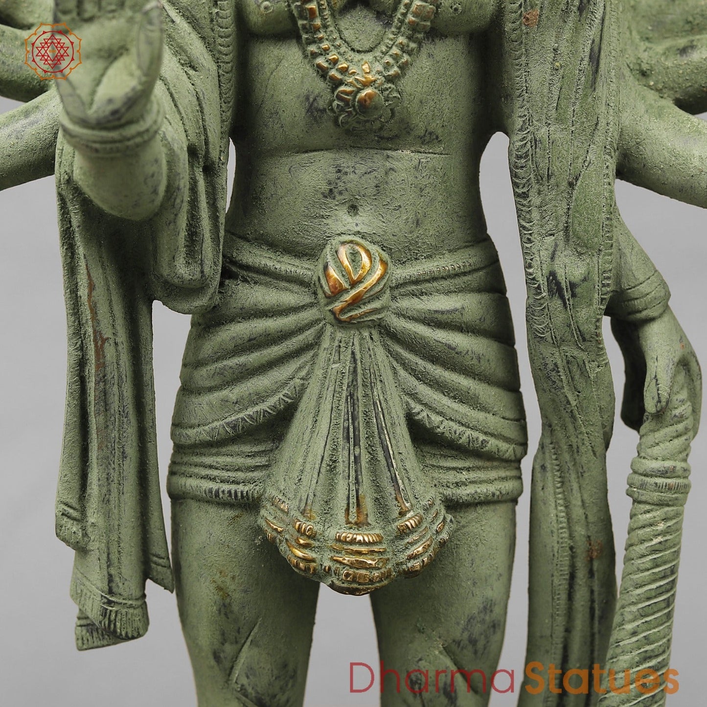 Brass Panchmukhi Hanuman Standing, Green Patina Antique Finish 13.5”