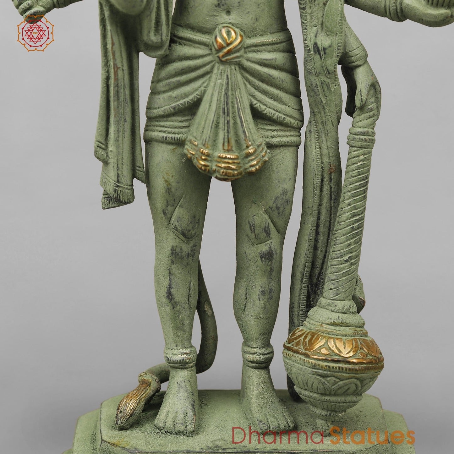 Brass Panchmukhi Hanuman Standing, Green Patina Antique Finish 13.5”