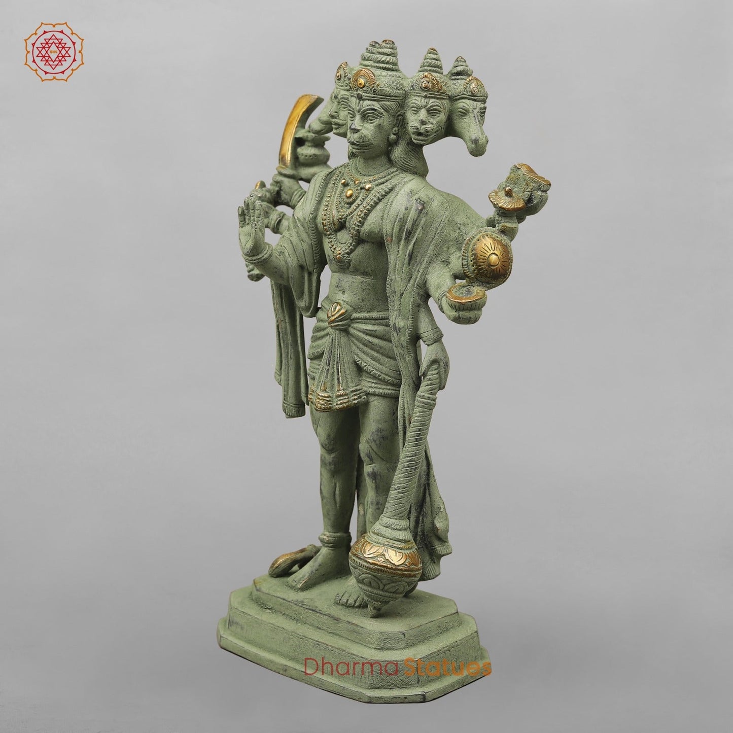 Brass Panchmukhi Hanuman Standing, Green Patina Antique Finish 13.5”