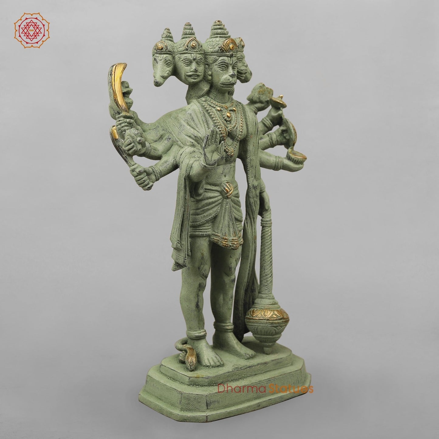 Brass Panchmukhi Hanuman Standing, Green Patina Antique Finish 13.5”