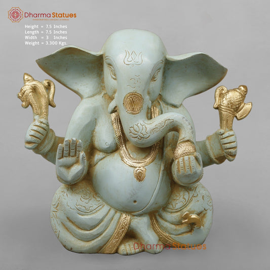 Brass Ganesh Seated With Long Ears, Light Turquoise finish 7.5”