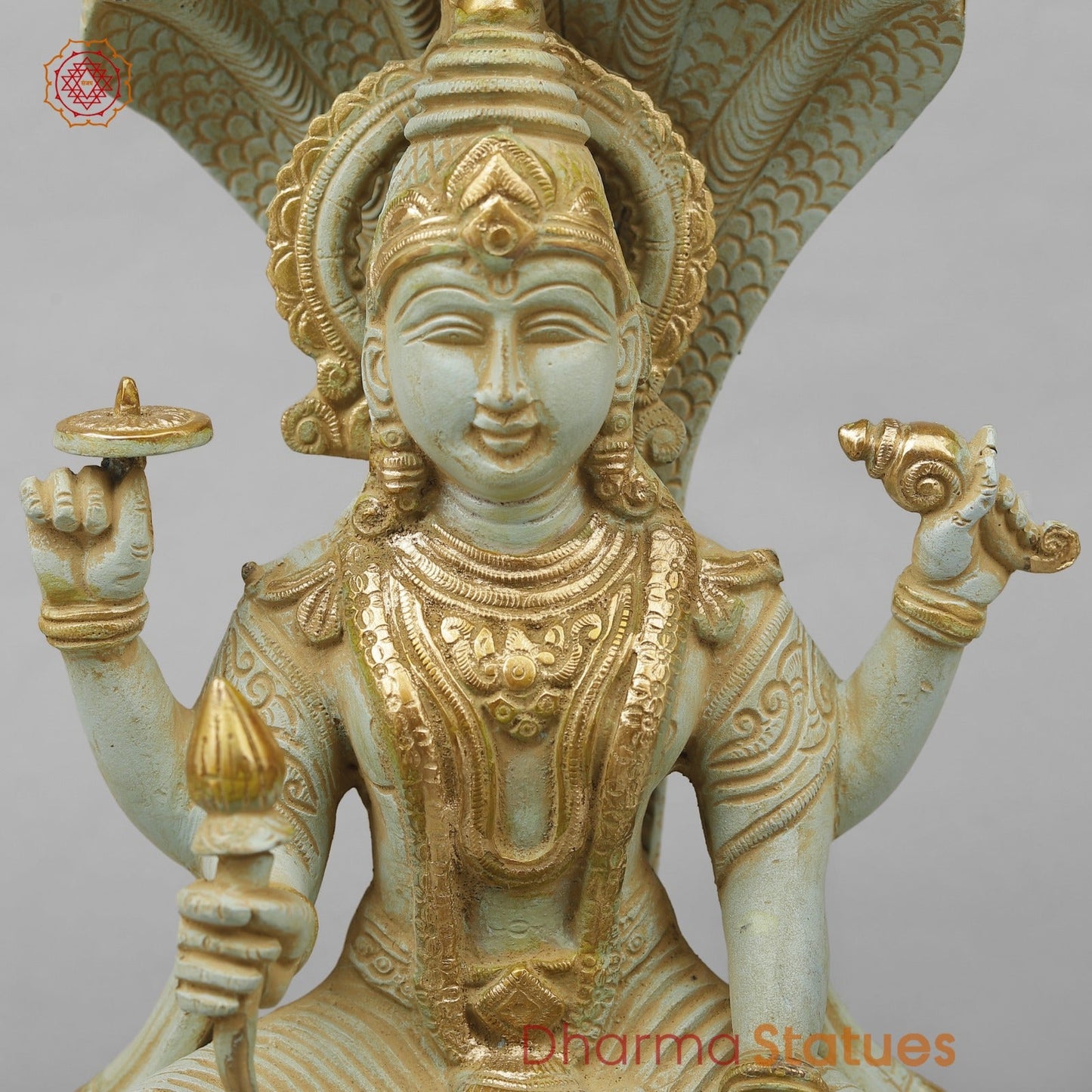 Brass Vishnu Seated Fine, Light Turquoise finish 13”