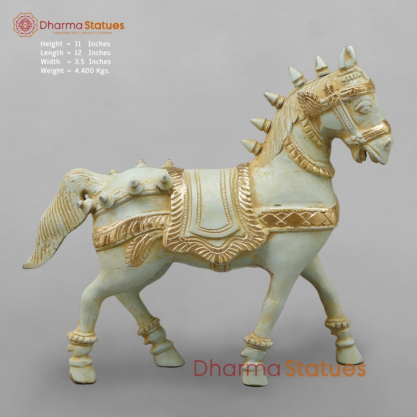 Brass Horse Standing with Fine Carving, Light Turquoise finish 12”