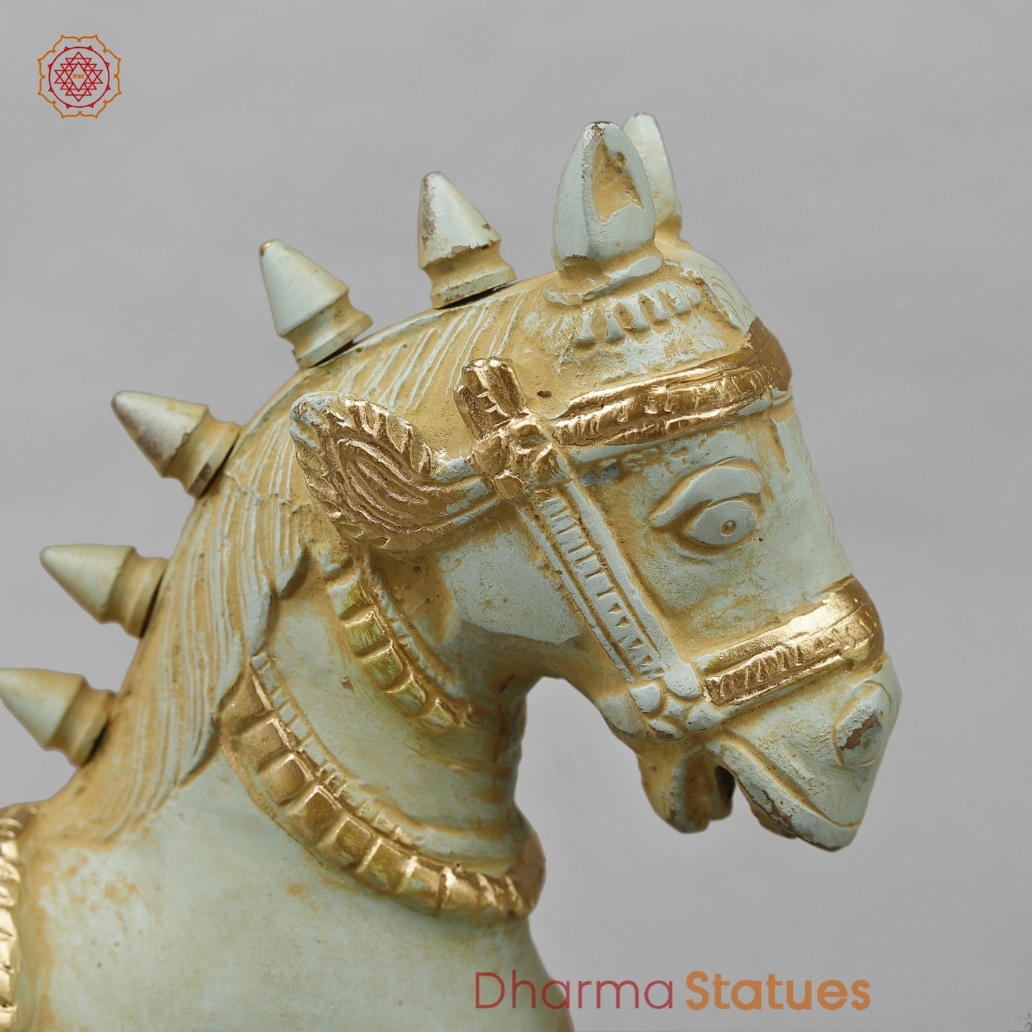 Brass Horse Standing with Fine Carving, Light Turquoise finish 12”