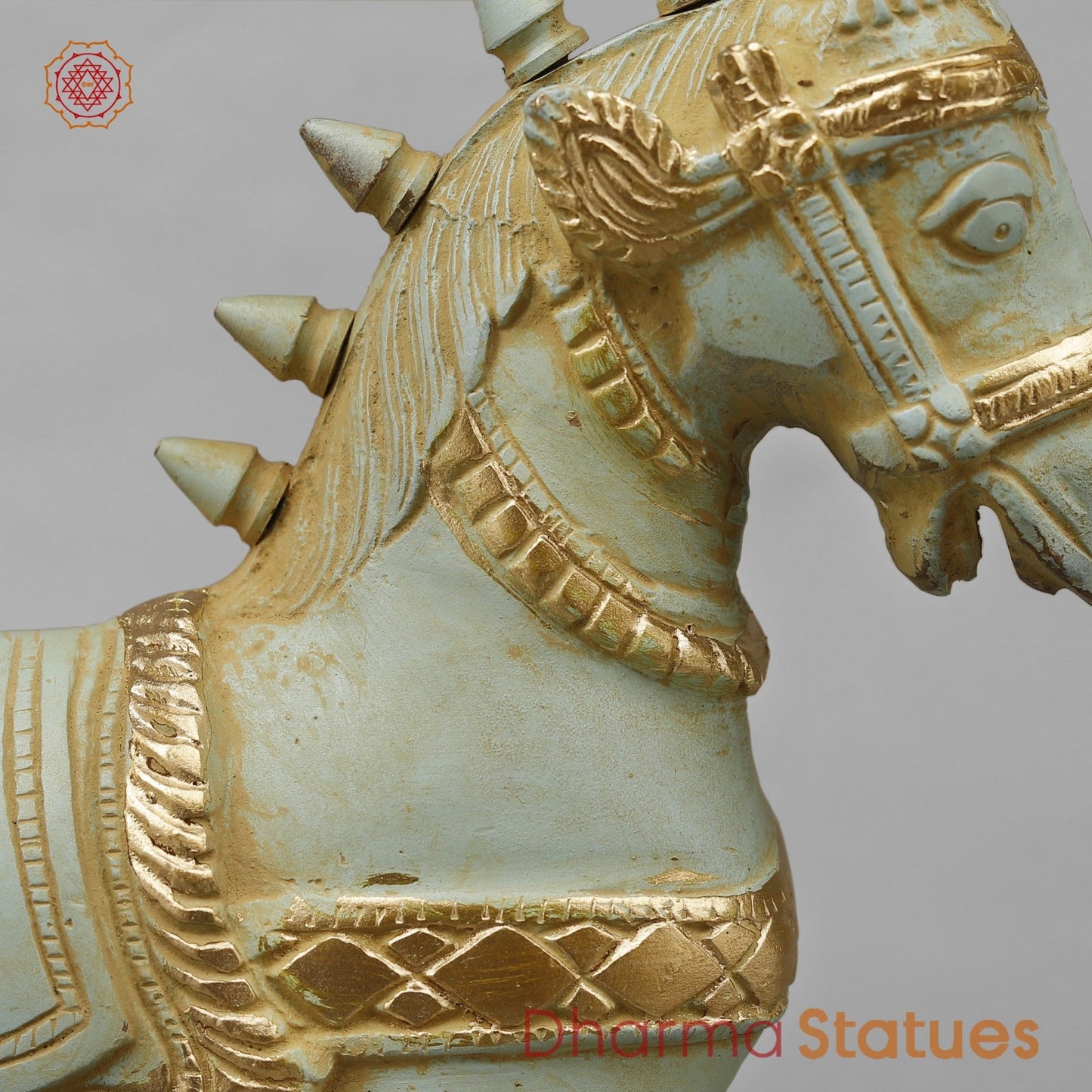 Brass Horse Standing with Fine Carving, Light Turquoise finish 12”