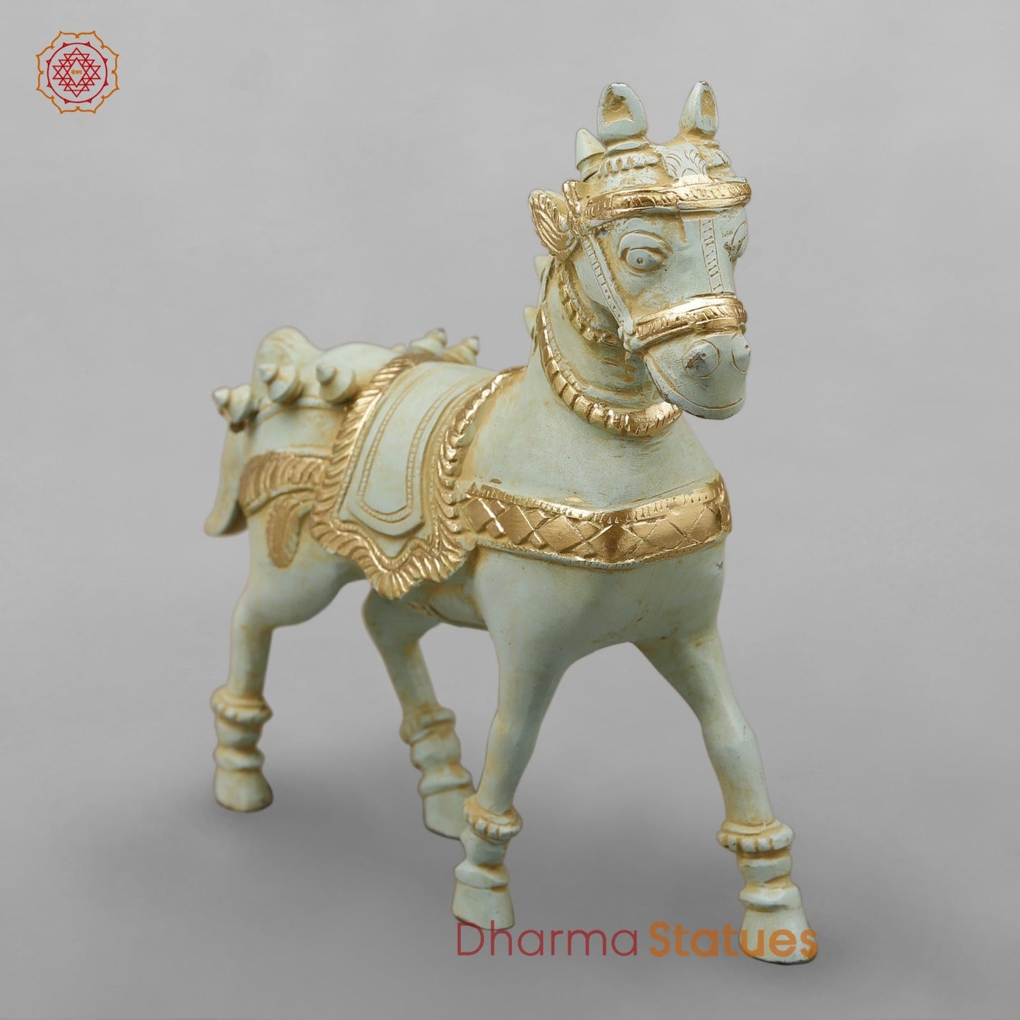 Brass Horse Standing with Fine Carving, Light Turquoise finish 12”