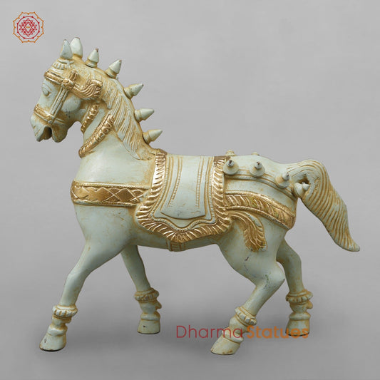 Brass Horse Standing with Fine Carving, Light Turquoise finish 12”