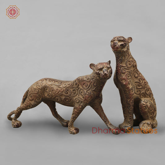 Brass Panther Couple Seated, Antique finish 14”