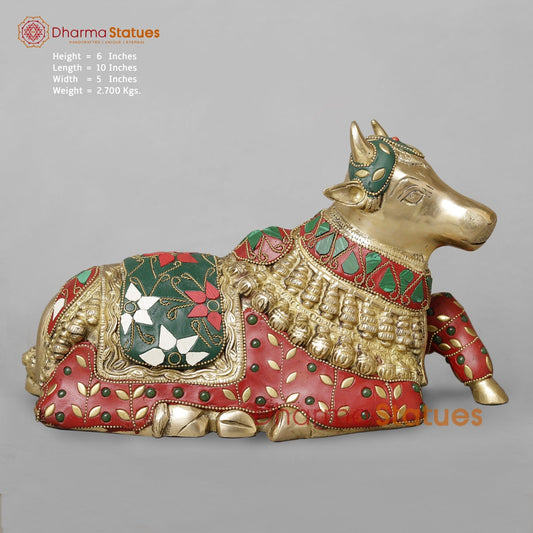 Brass Nandi Seated,Floral Stone Work 10”