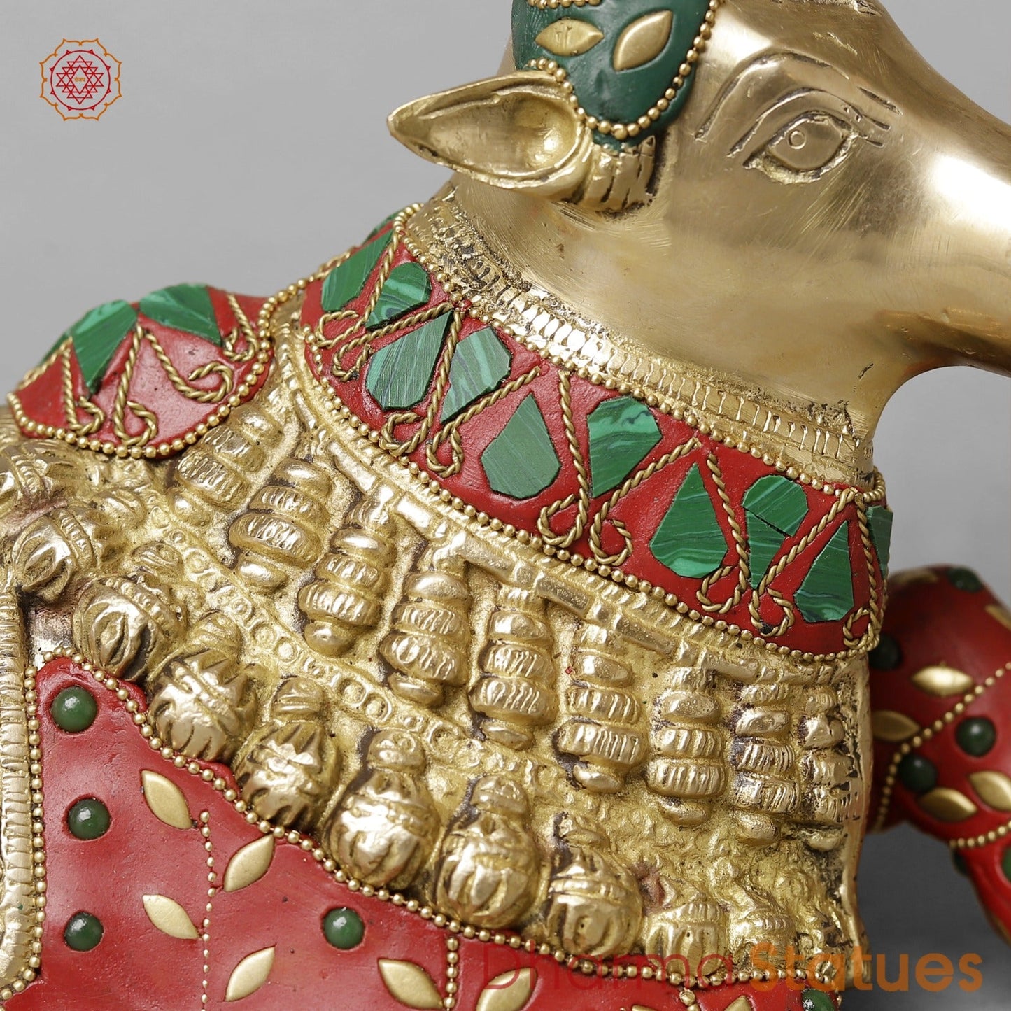 Brass Nandi Seated,Floral Stone Work 10”