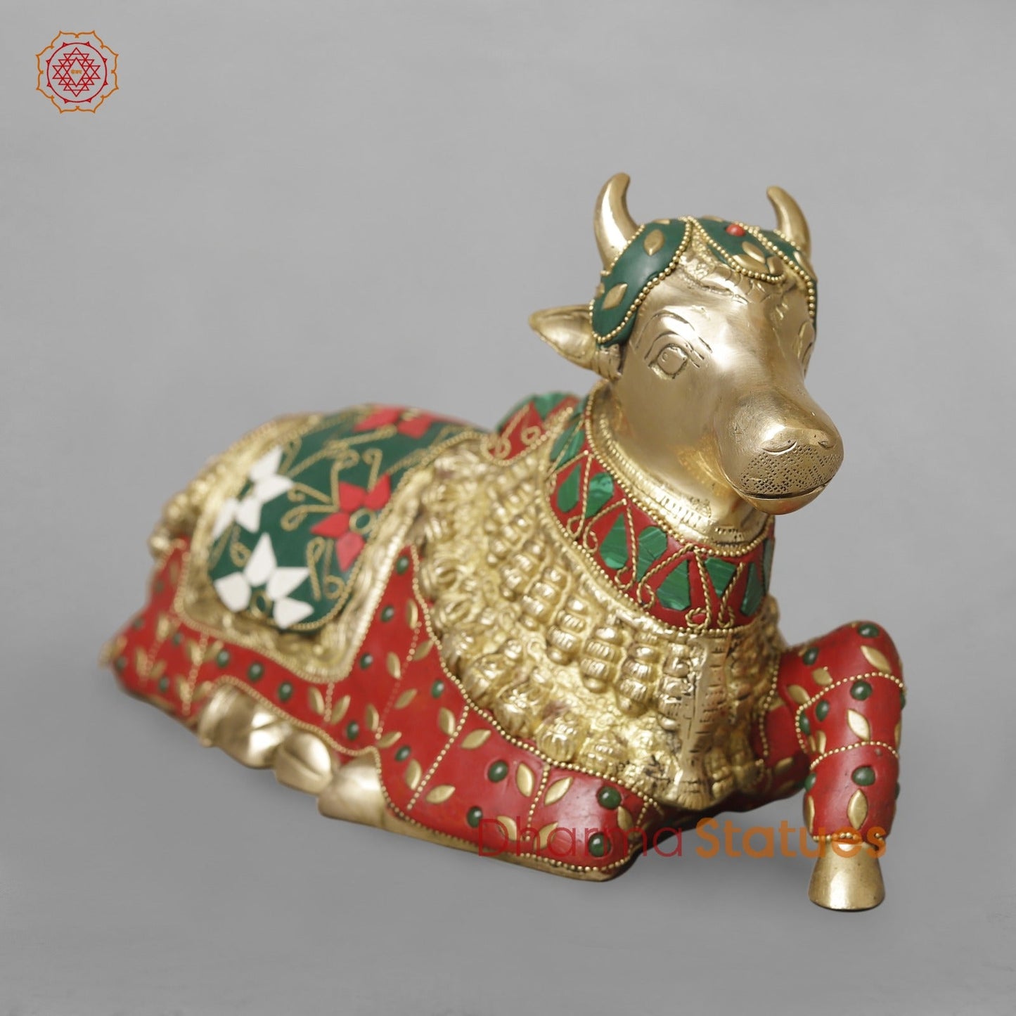 Brass Nandi Seated,Floral Stone Work 10”