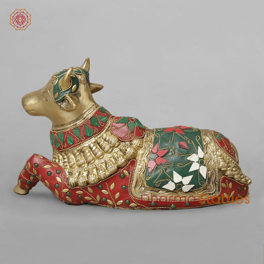 Brass Nandi Seated,Floral Stone Work 10”