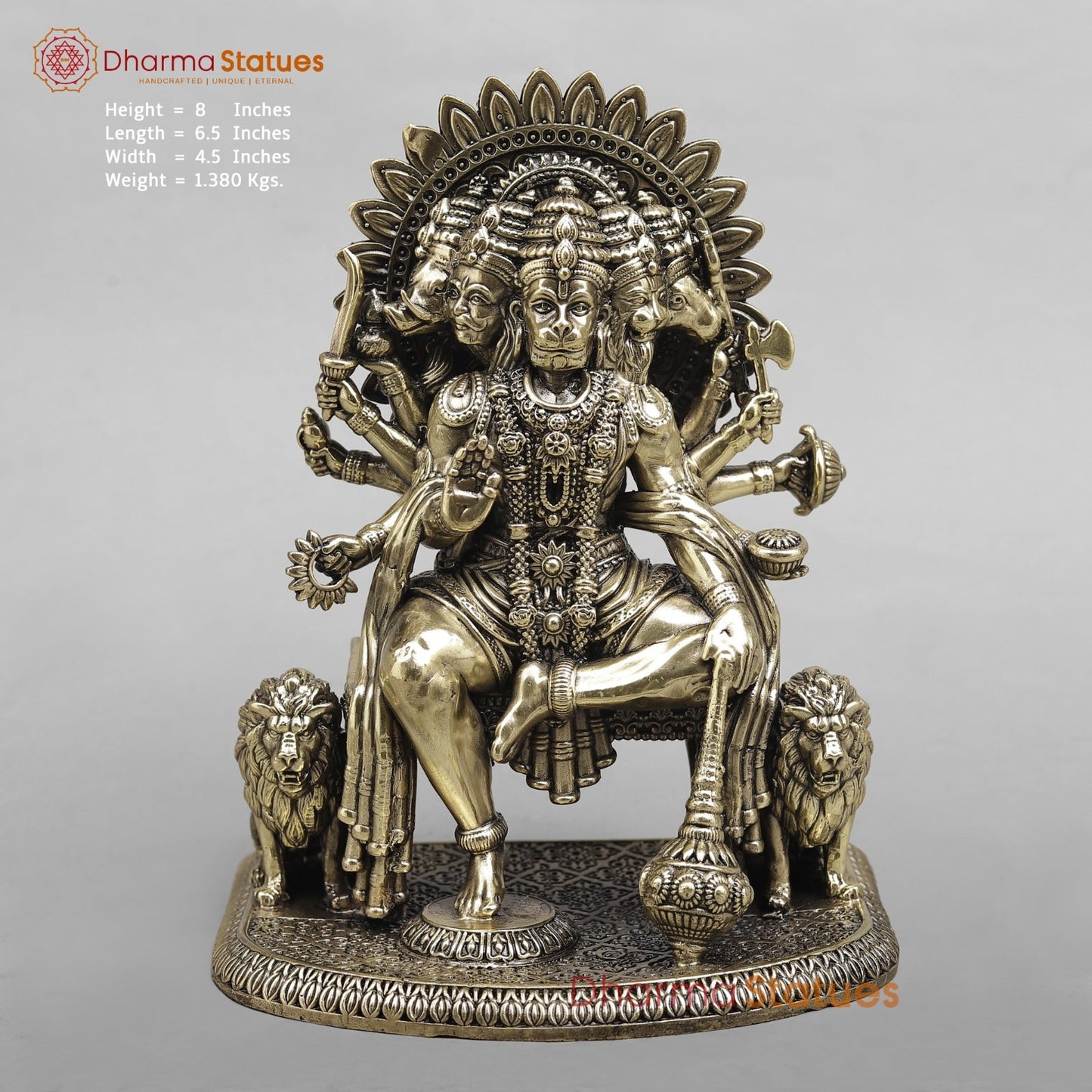 Brass Panchmukhi Hanuman Seated On throne with Lions Fine  8”