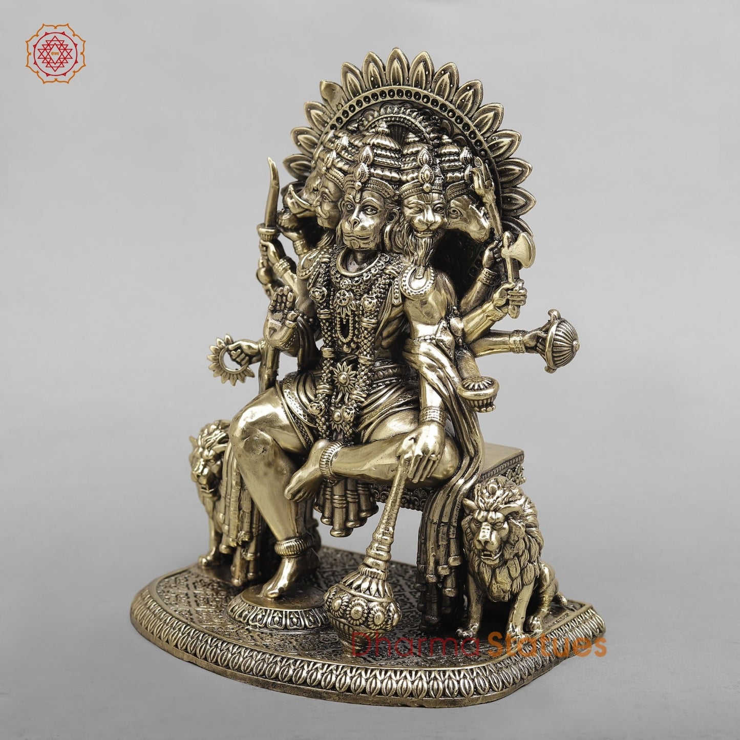 Brass Panchmukhi Hanuman Seated On throne with Lions Fine  8”