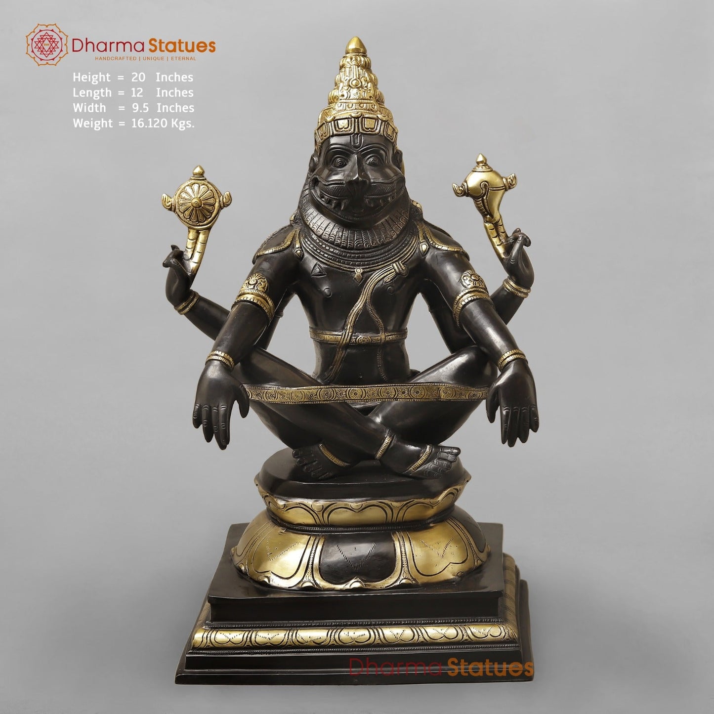 Brass Yoga Narsimha Seated On Pedestal, Royal Black Finish 20”