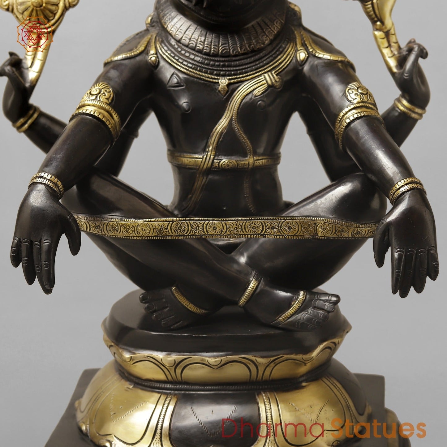 Brass Yoga Narsimha Seated On Pedestal, Royal Black Finish 20”