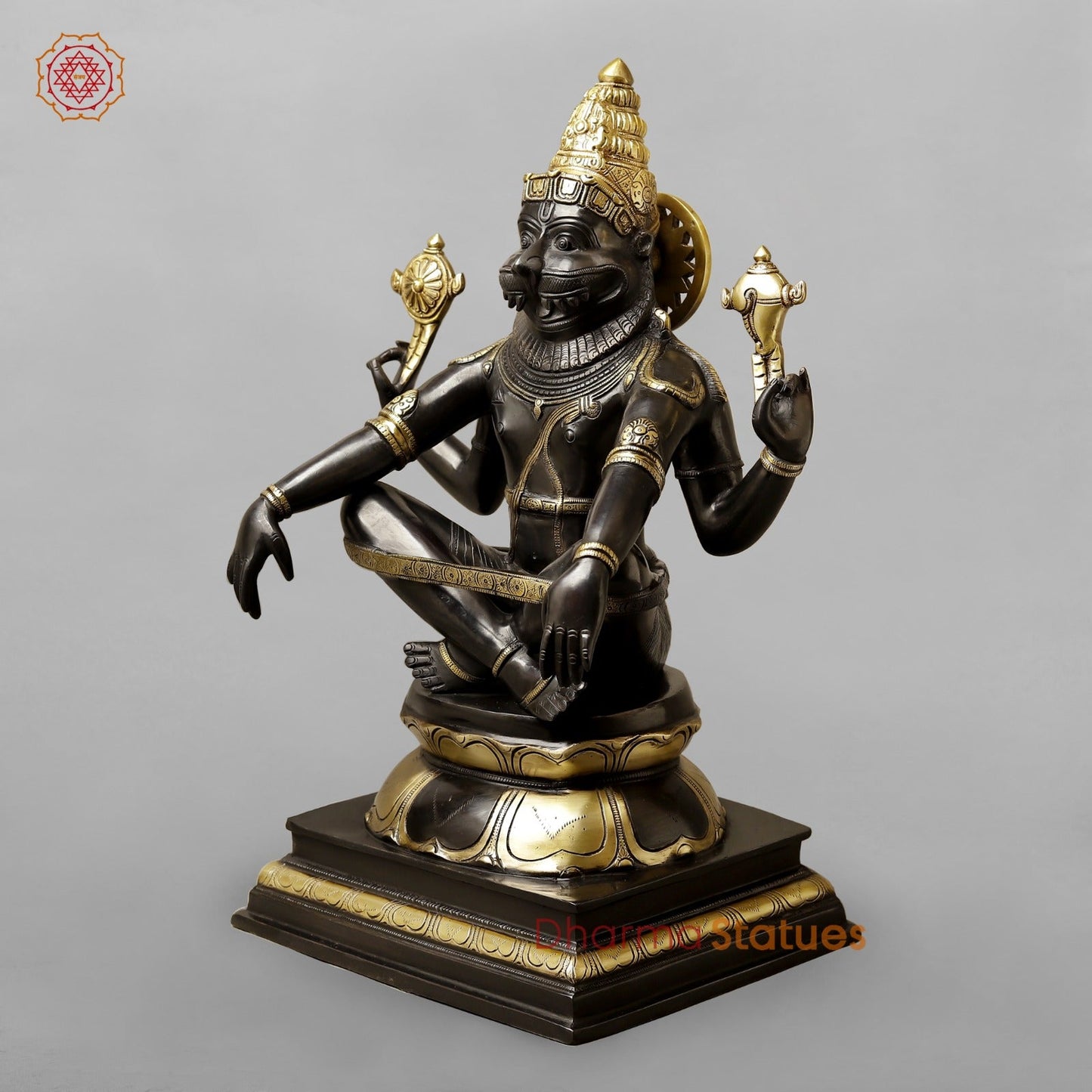 Brass Yoga Narsimha Seated On Pedestal, Royal Black Finish 20”
