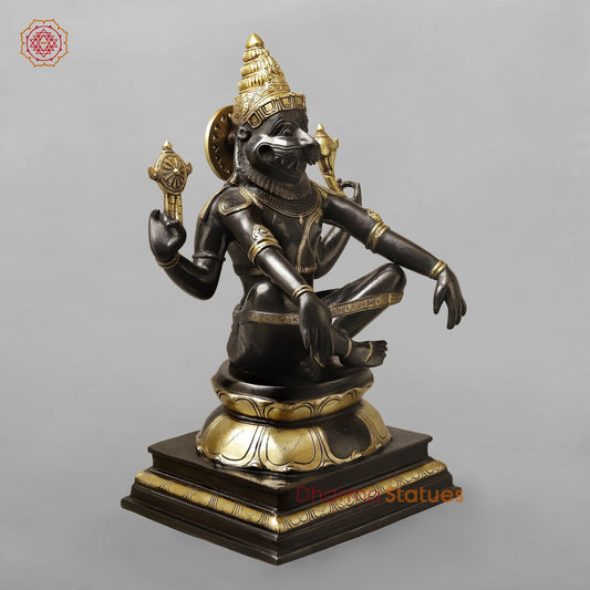 Brass Yoga Narsimha Seated On Pedestal, Royal Black Finish 20”