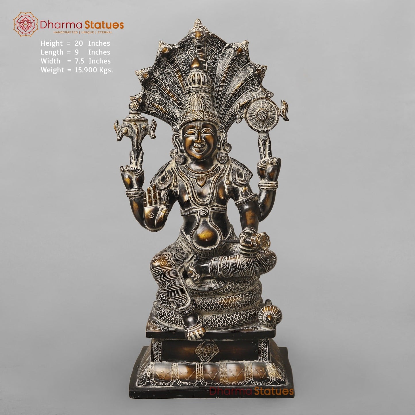 Brass Abhishekam Vishnu Seated, South Indian Antique Finish 20”