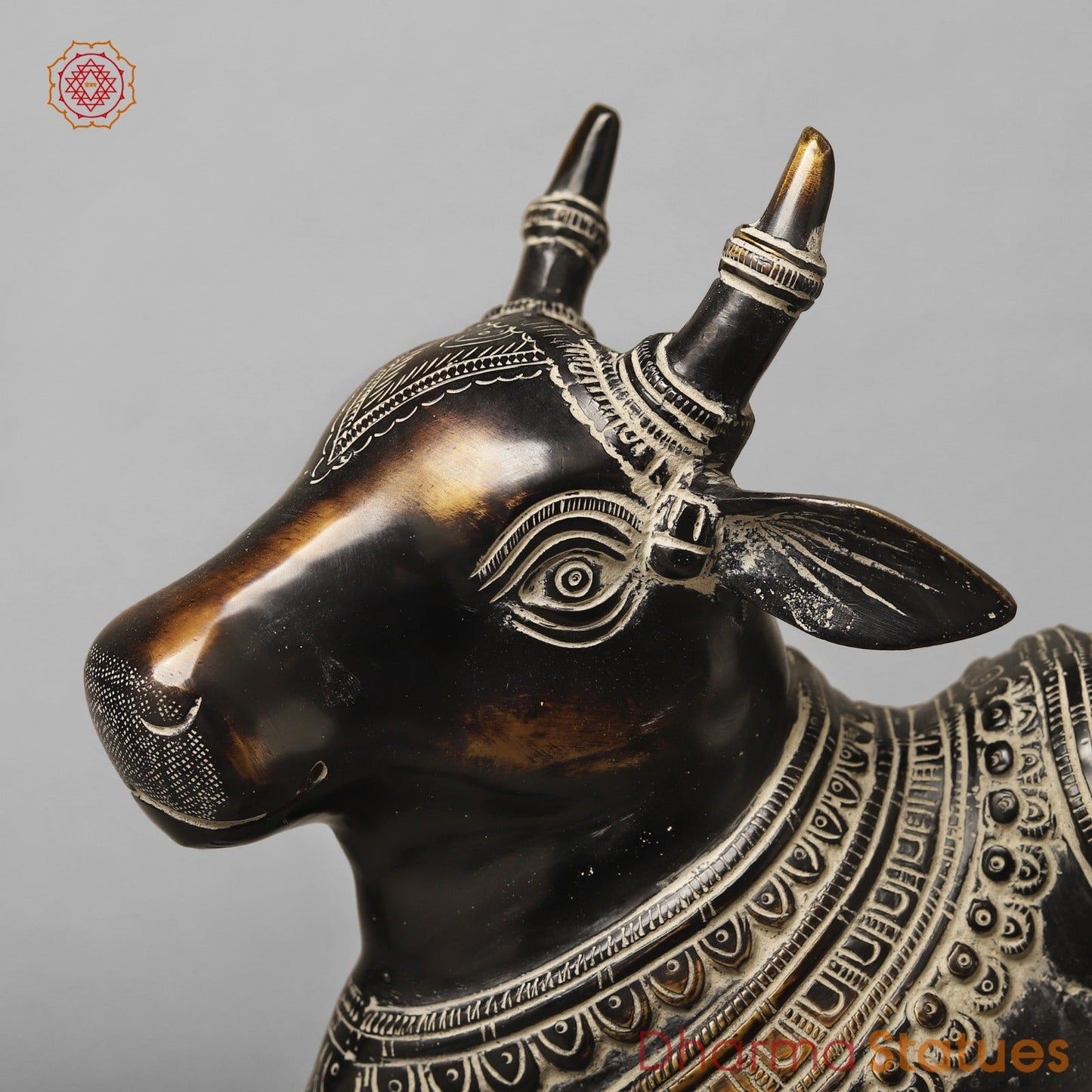 Brass Nandi Seated With Fine Carving, South Indian Antique Finish 16”