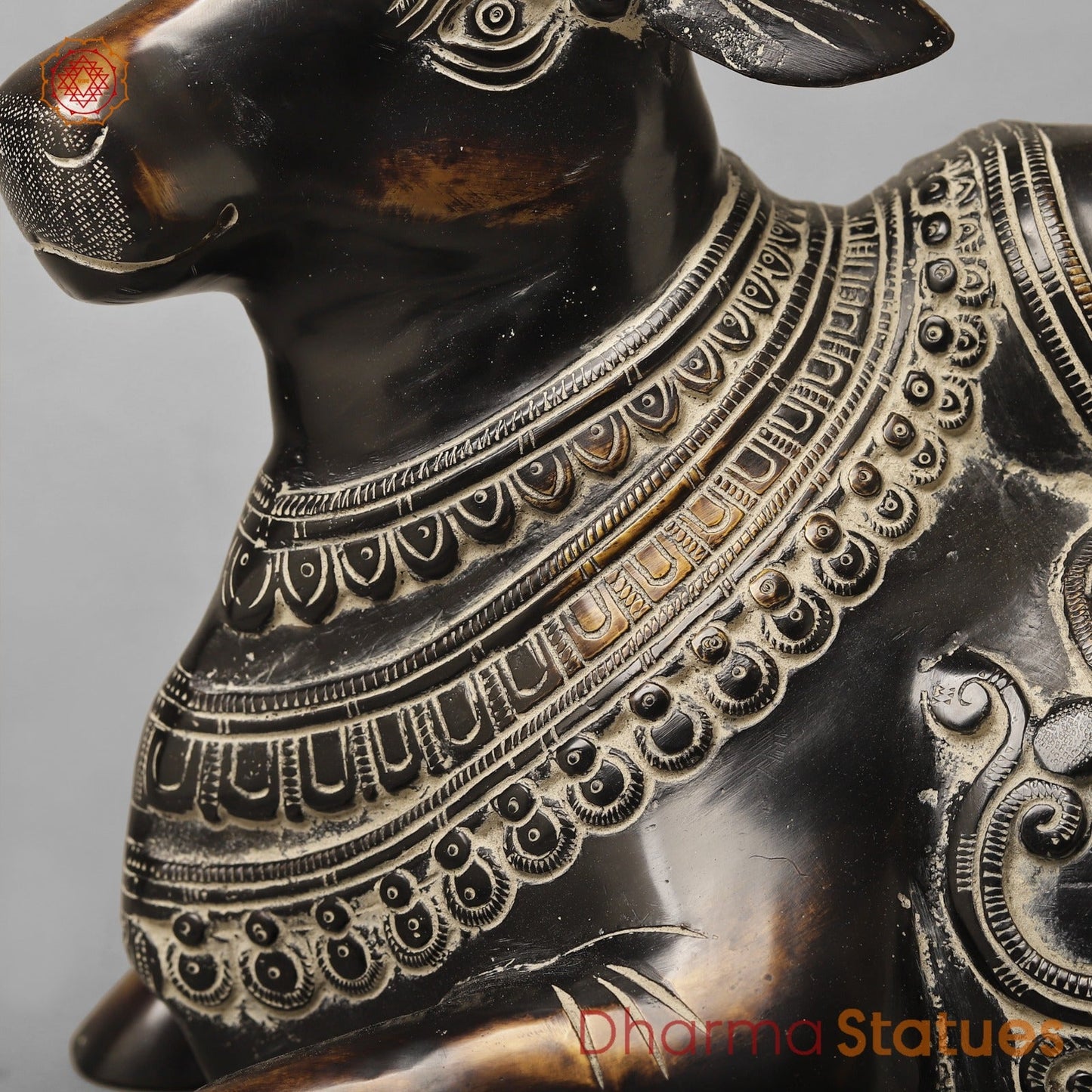 Brass Nandi Seated With Fine Carving, South Indian Antique Finish 16”