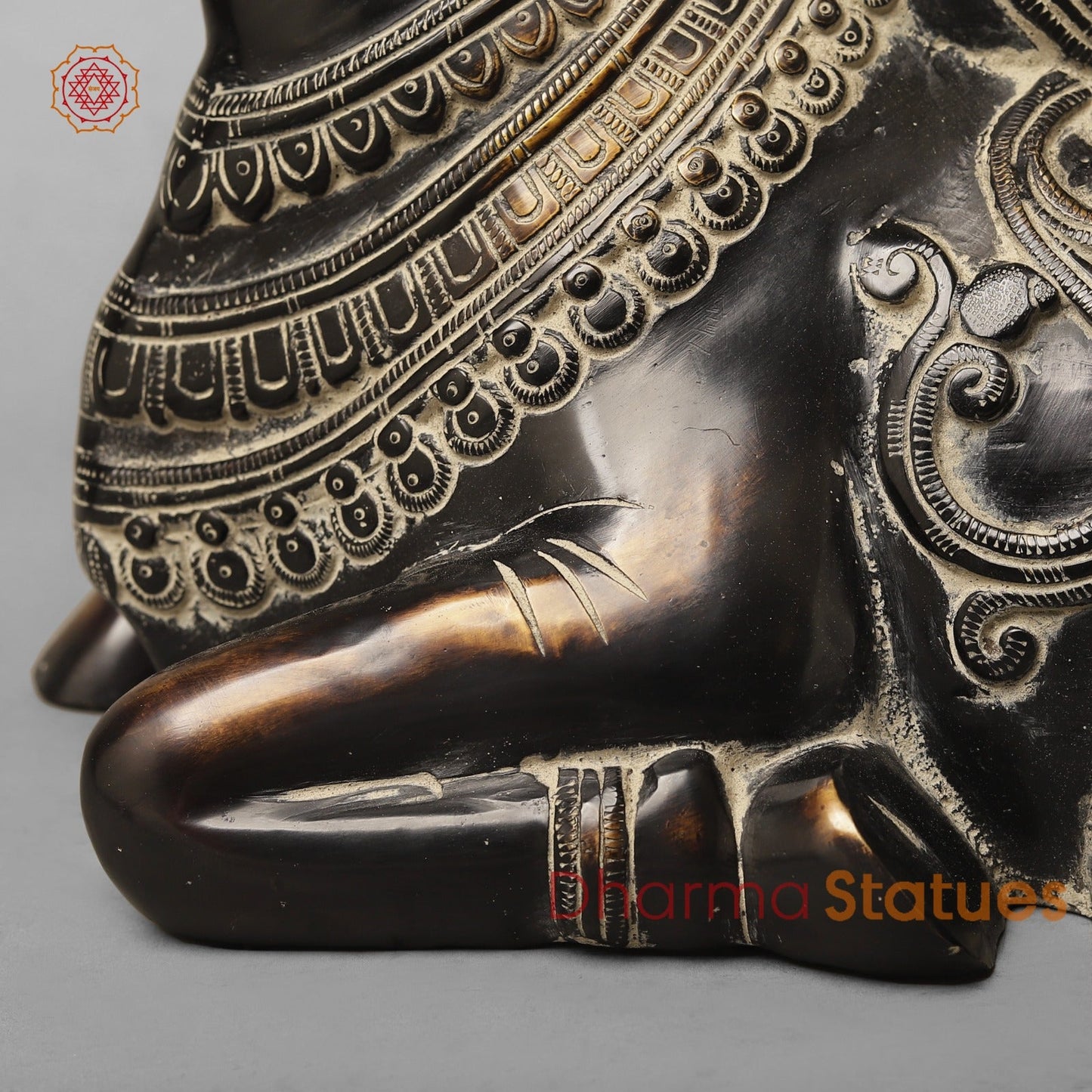 Brass Nandi Seated With Fine Carving, South Indian Antique Finish 16”