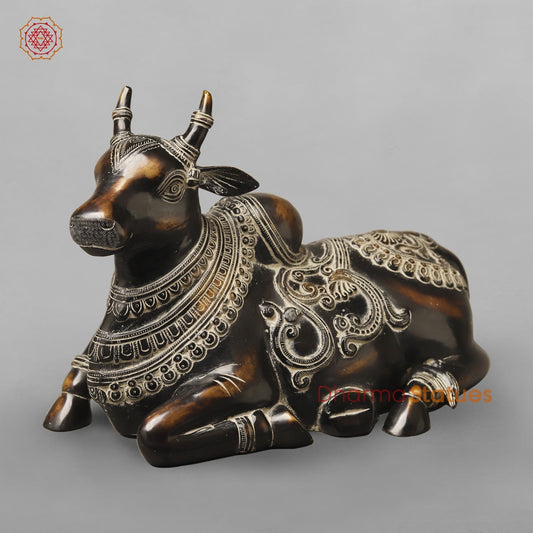 Brass Nandi Seated With Fine Carving, South Indian Antique Finish 16”