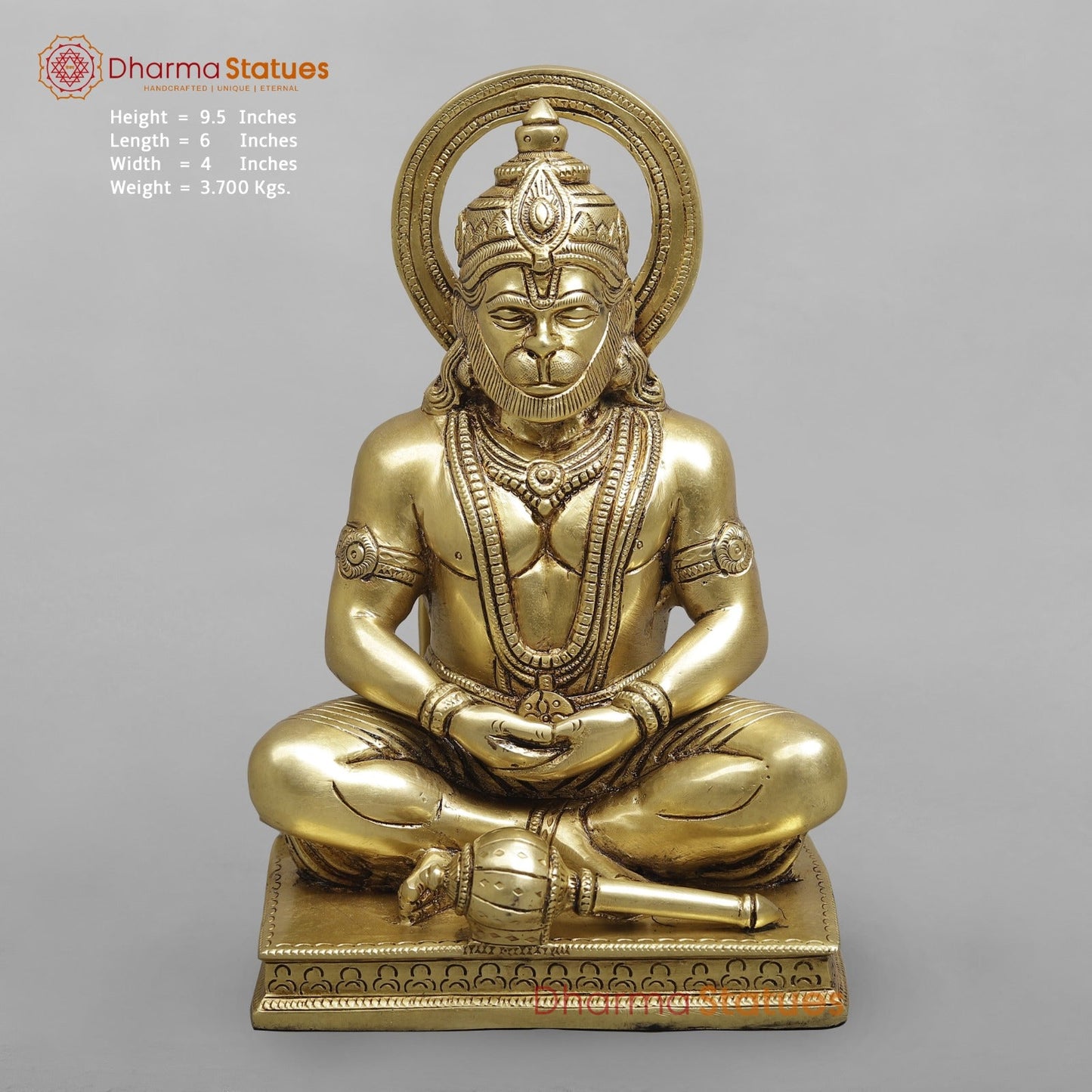 Brass Dhyan Hanuman Seated Fine, Soecial Gold Finish 9.5”