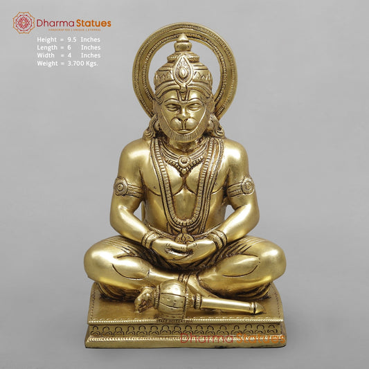 Brass Dhyan Hanuman Seated Fine, Soecial Gold Finish 9.5”