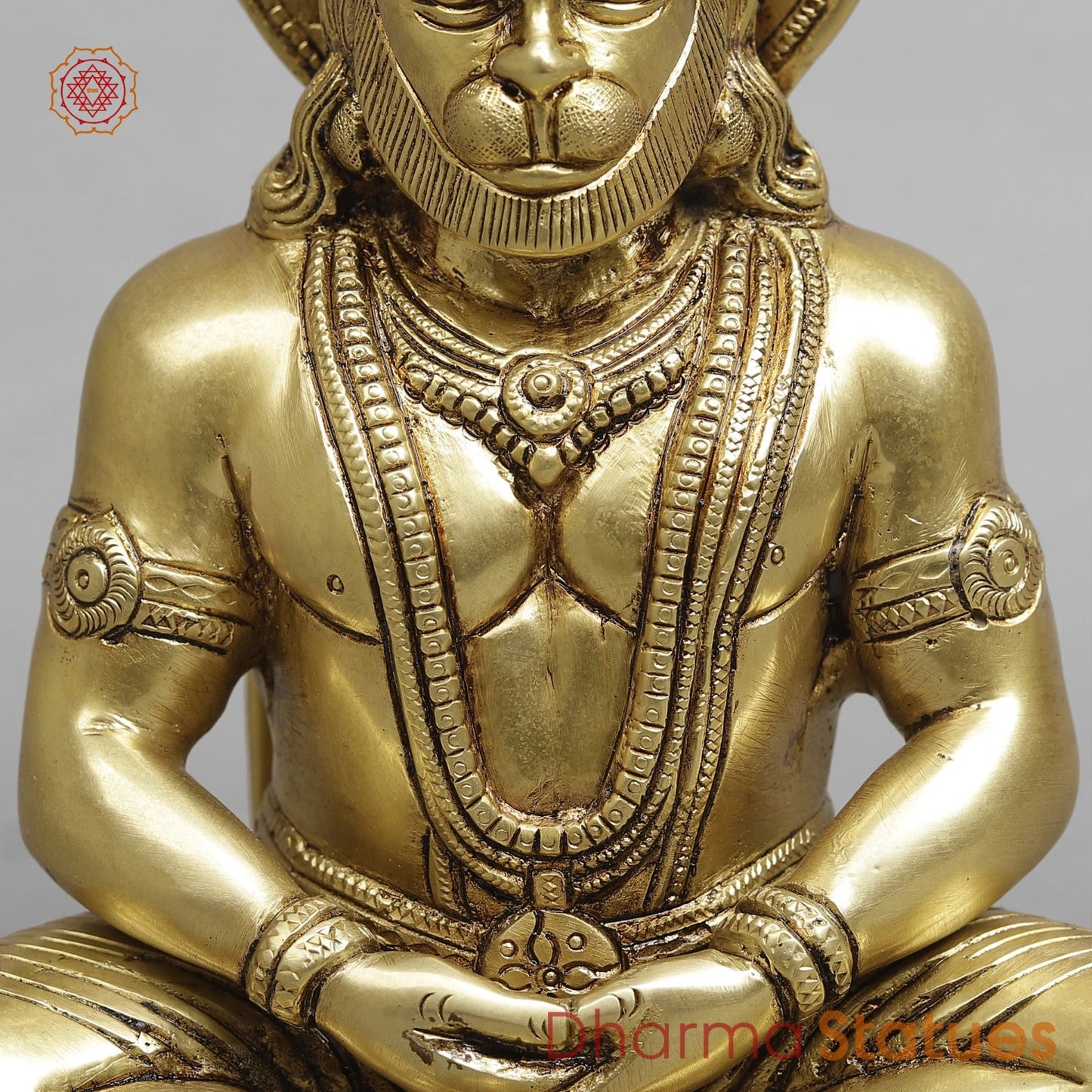 Brass Dhyan Hanuman Seated Fine, Soecial Gold Finish 9.5”