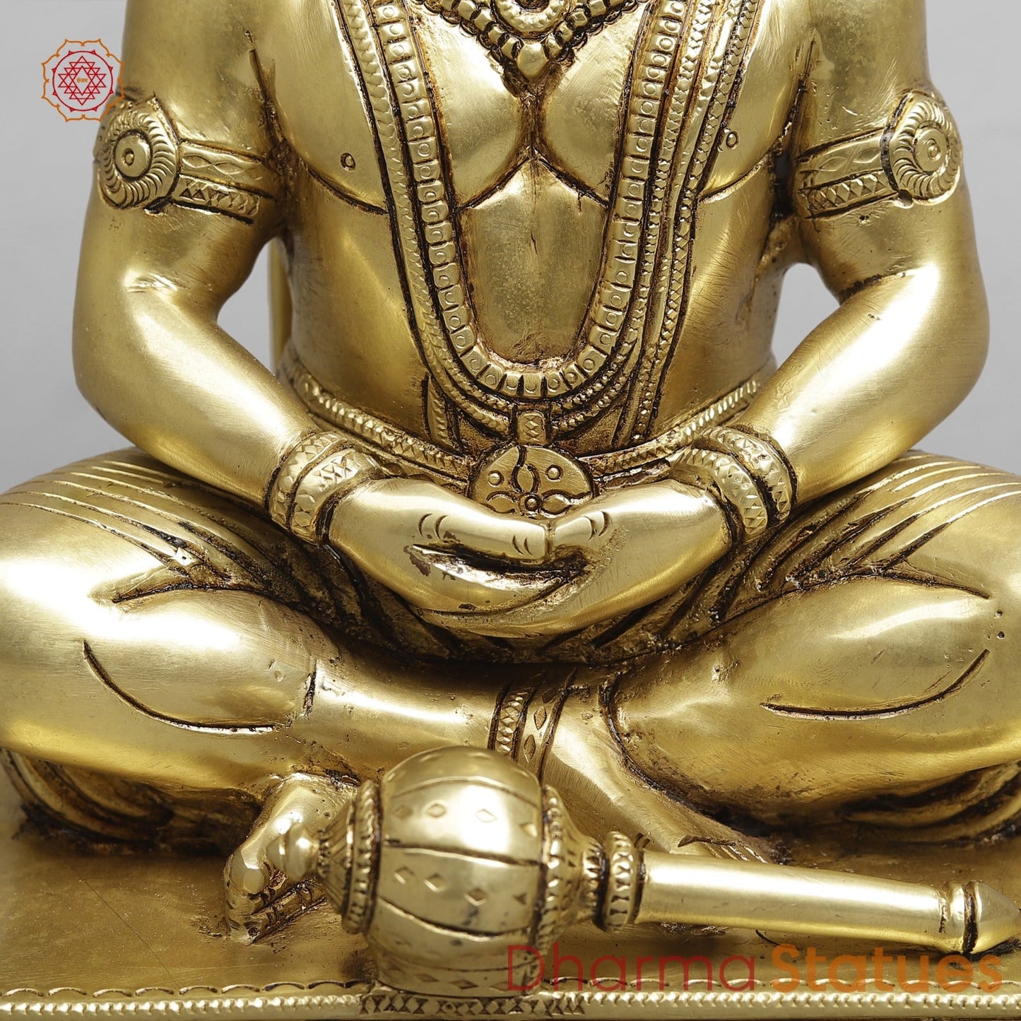 Brass Dhyan Hanuman Seated Fine, Soecial Gold Finish 9.5”