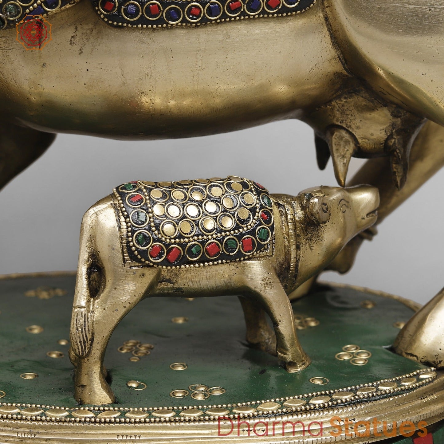 Brass Kamdhenu Cow With Calf Fine, Stone Work 17”