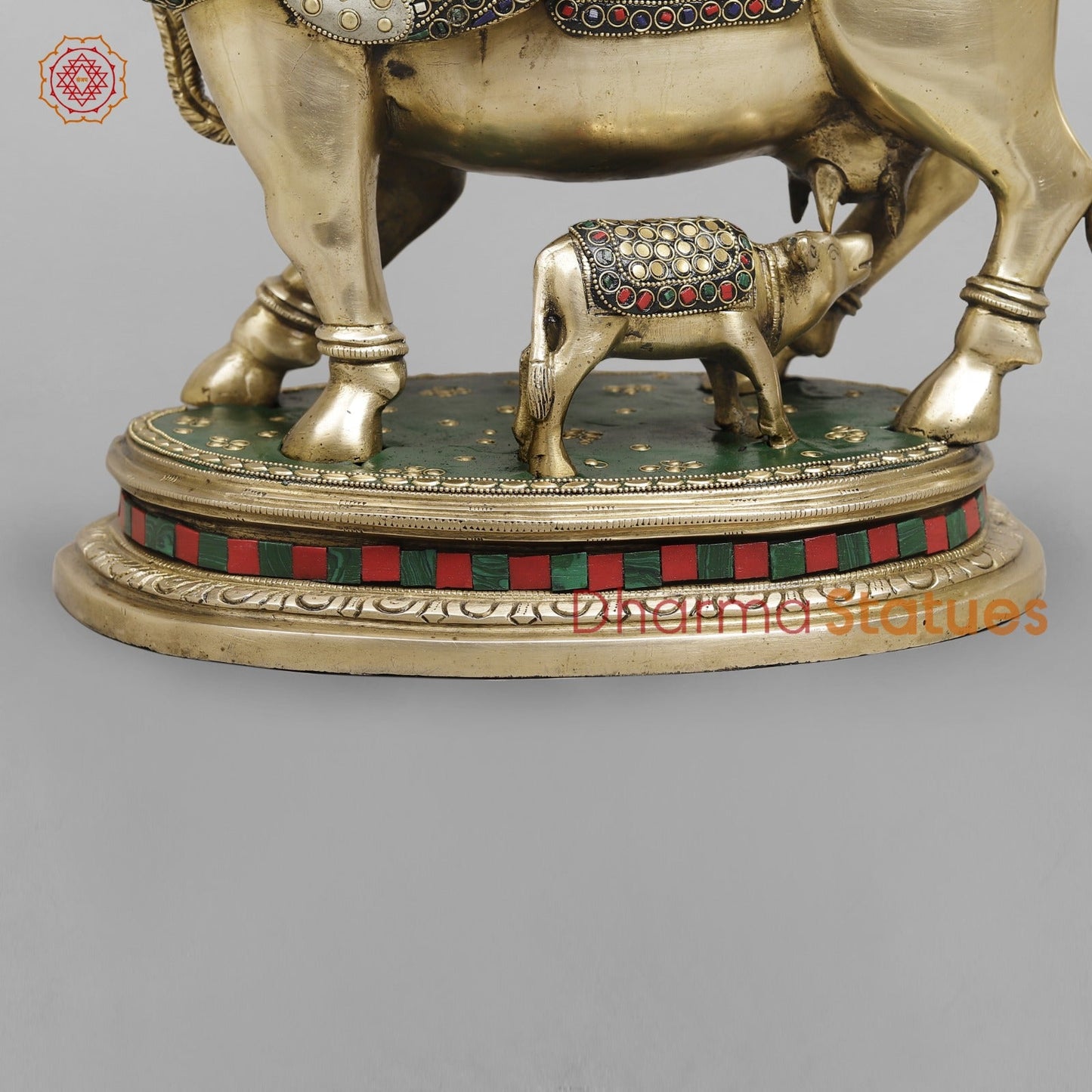 Brass Kamdhenu Cow With Calf Fine, Stone Work 17”