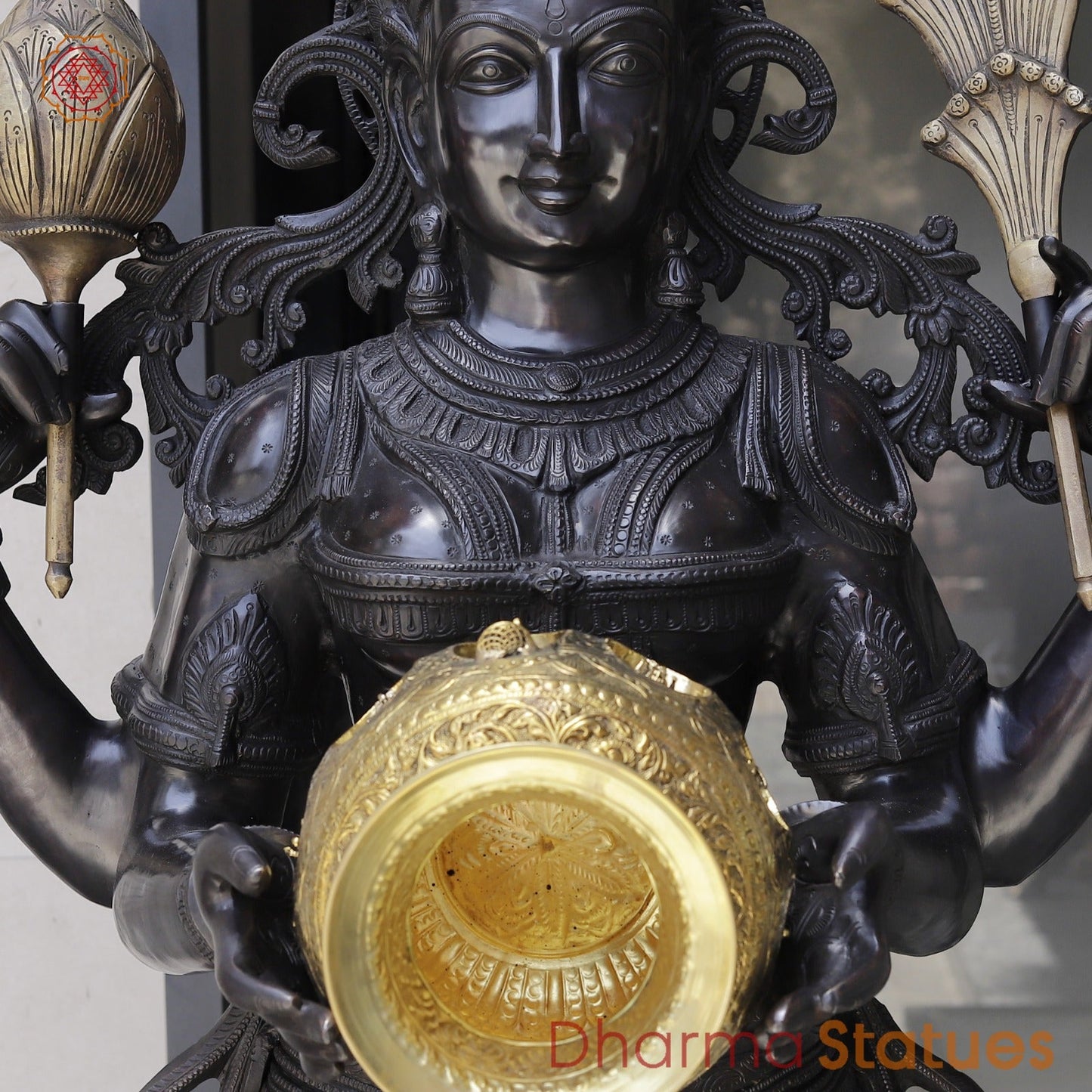 Bronze Lakshmi Standing with Wealth Pot, Antique Finish 67”