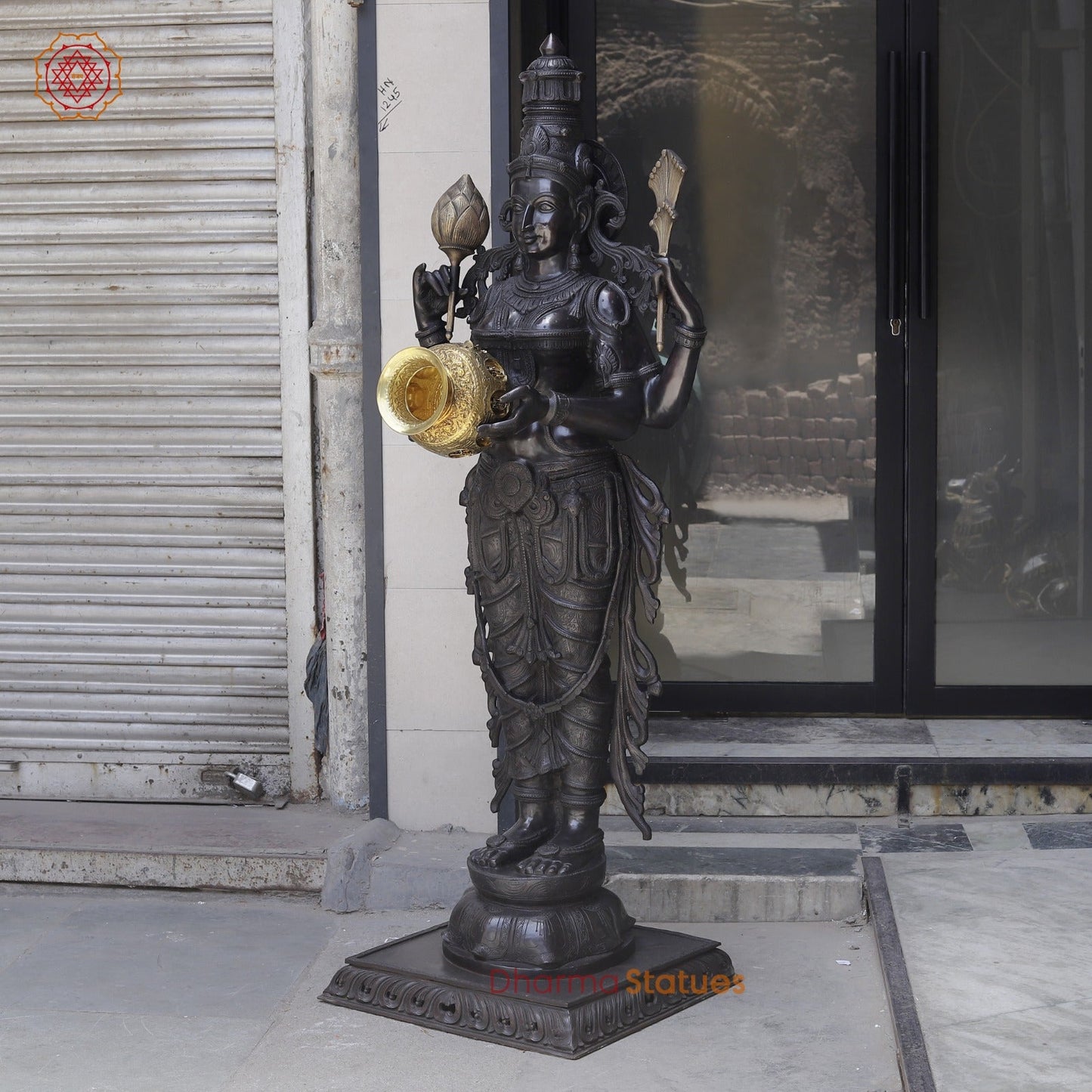 Bronze Lakshmi Standing with Wealth Pot, Antique Finish 67”