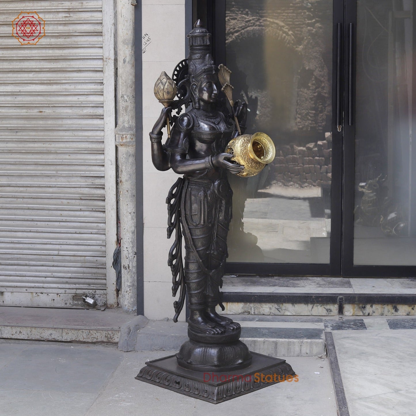 Bronze Lakshmi Standing with Wealth Pot, Antique Finish 67”
