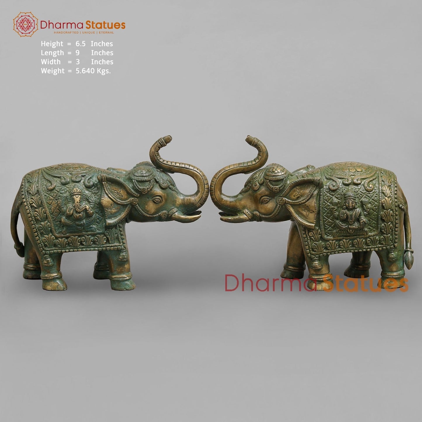 Brass Elephants Fine Carving, Patina Finish 9” (Pair)