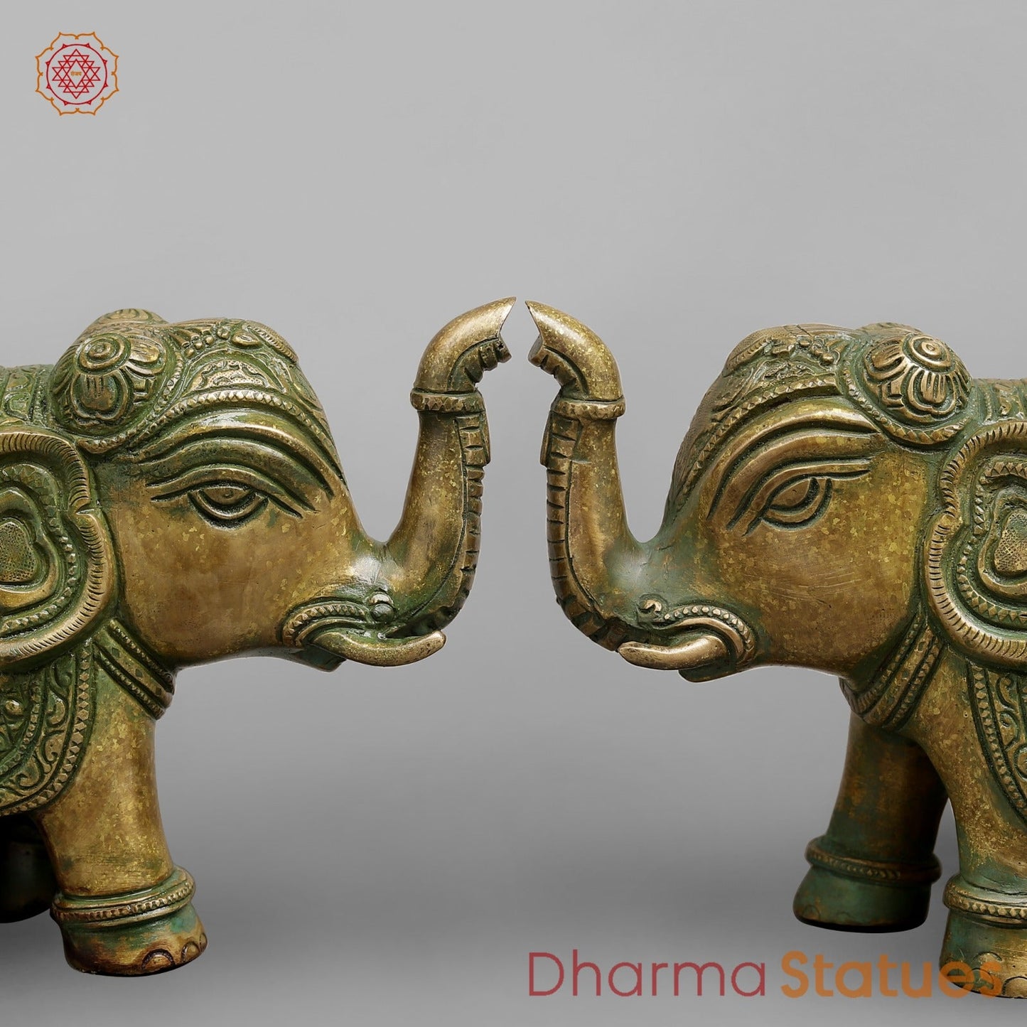 Brass Elephants Flower Carving, Patina Finish 9” (Pair)